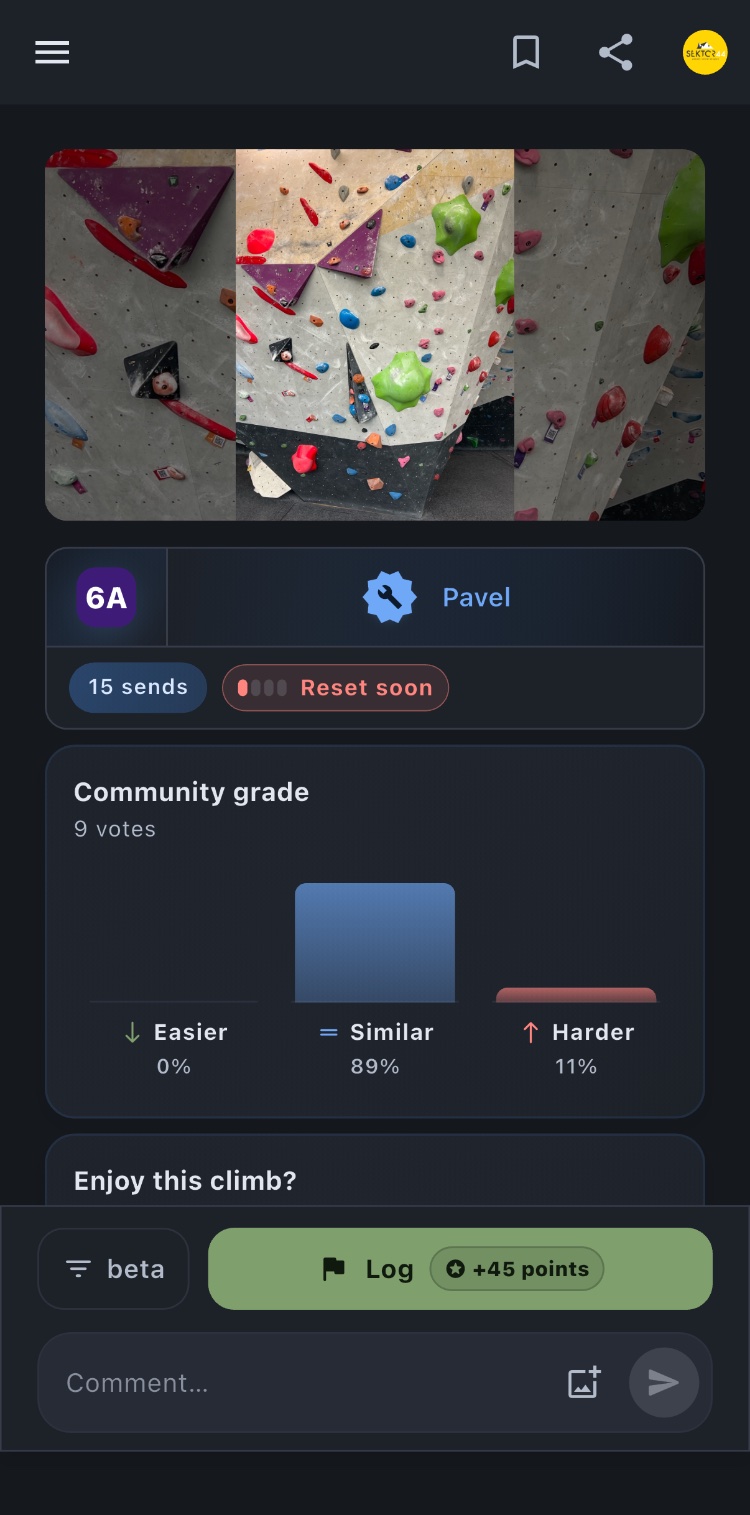 inClimb boulder screen with community grade voting