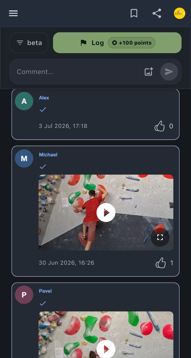 inClimb community feed with beta videos and comments