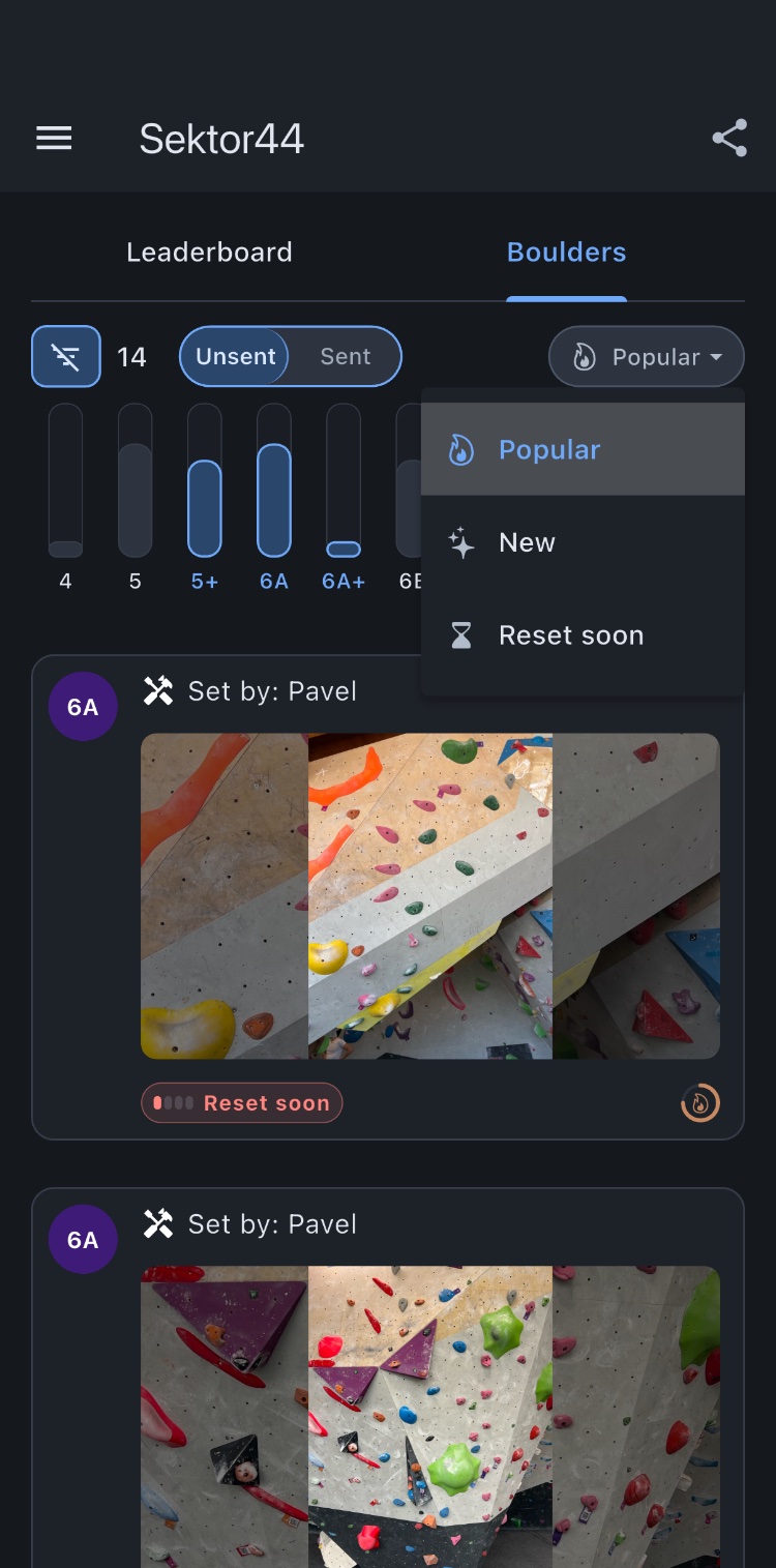 inClimb gym boulder list with grade filters and reset-soon sorting