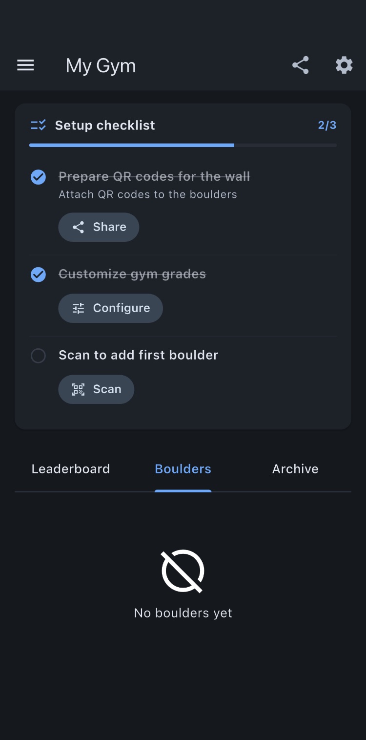 inClimb built-in gym setup checklist: QR codes, grades, first boulder