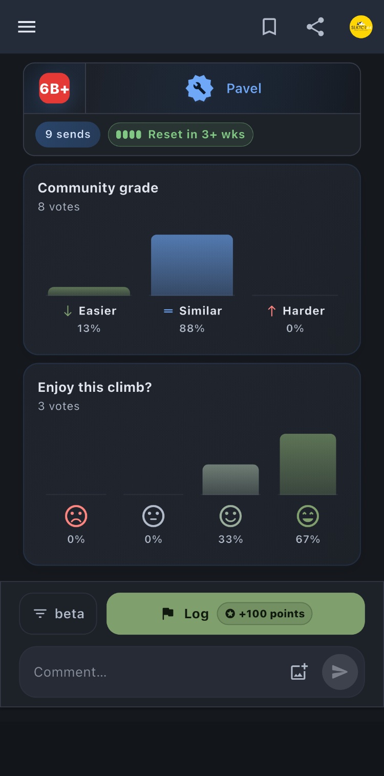 inClimb boulder screen with community grade and enjoyment voting
